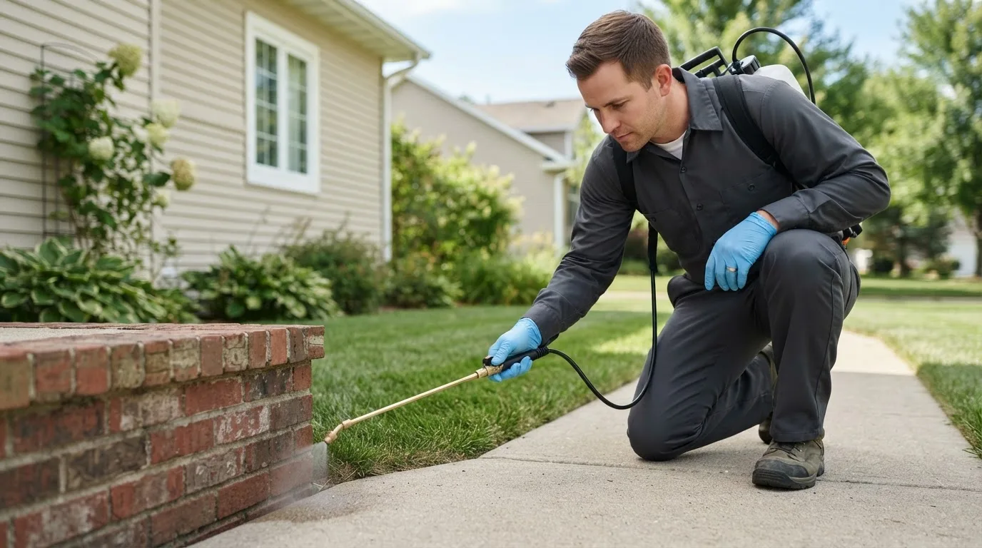Pest control technician treating a home near Williamstown, OH