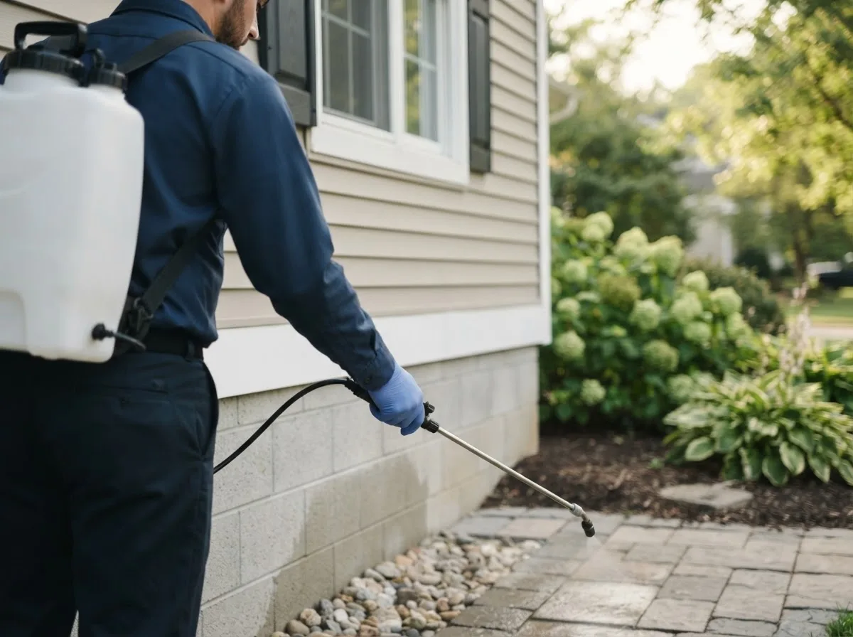 Pest control technician inspecting a home in Williamstown, OH